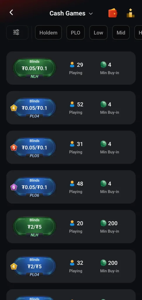 CoinPoker现金桌大厅移动端界面